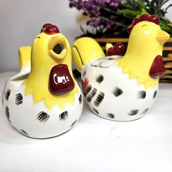 Vtg Country Roosters Creamer & Sugar Bowl Set by Chestnut Creek Chickens Yellow - Picture 12 of 12
